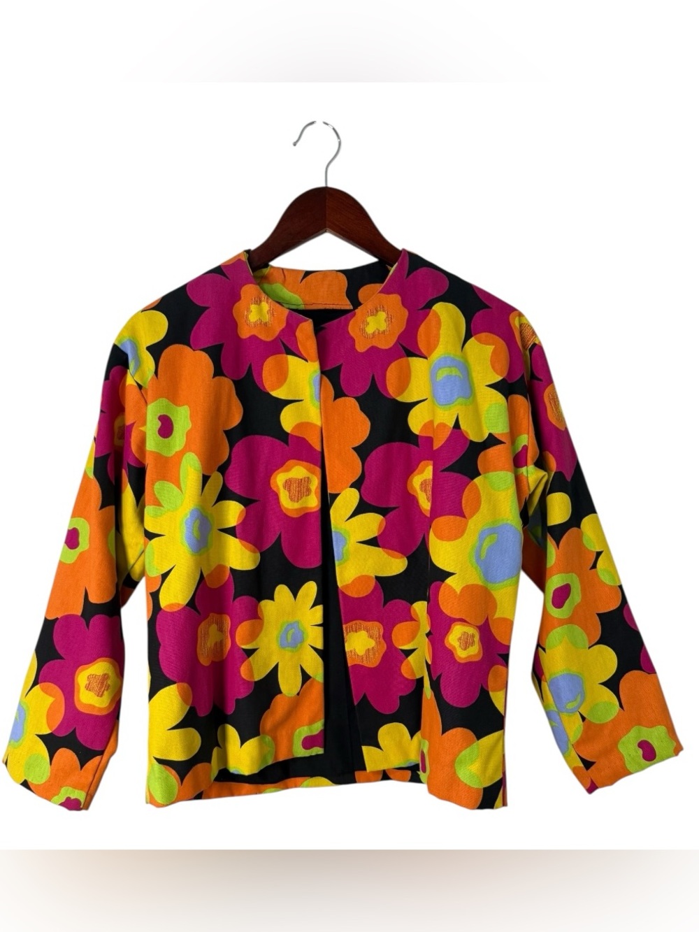VTG 70s Handmade Psychedelic Floral Jacket Mod Hippie GoGo Swing Coat M L